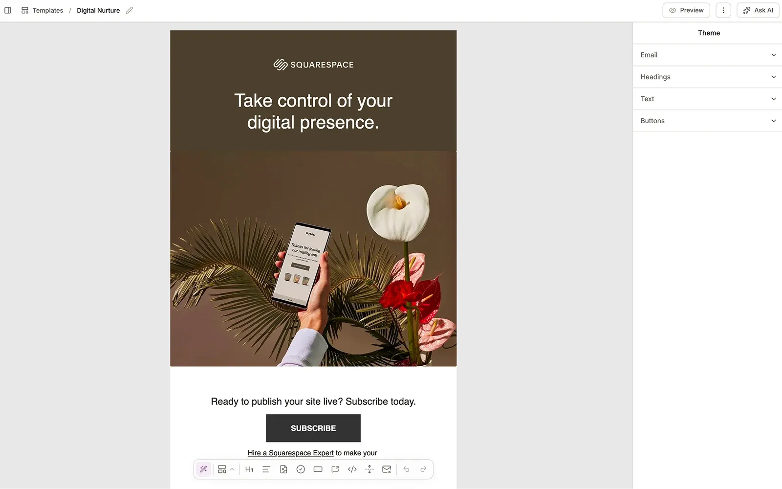The Conversion email builder showing a drag-and-drop layout with live theme controls