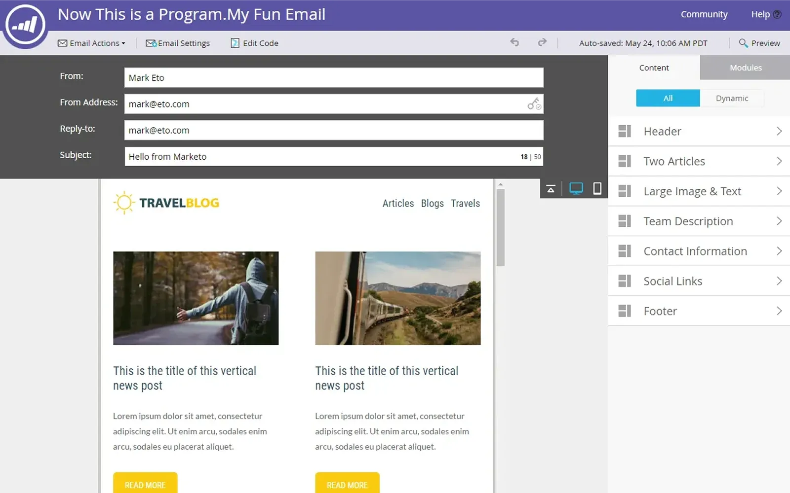 The Marketo email editor with its module list and content panel