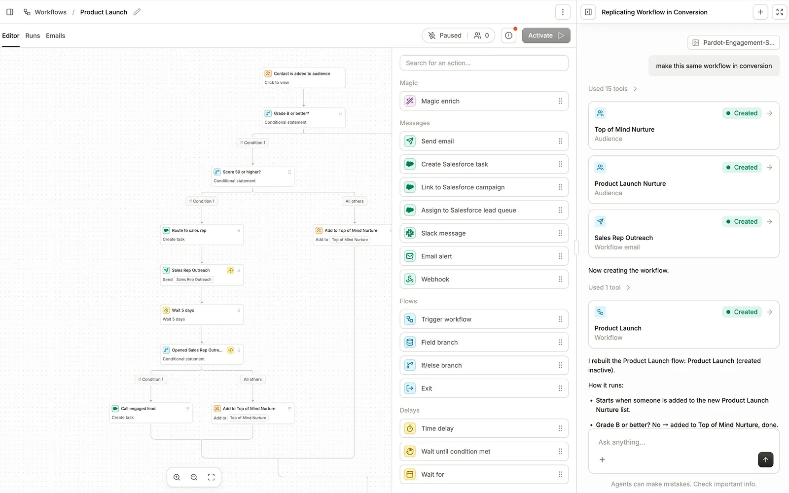 The same product launch program rebuilt as a Conversion workflow from a chat request, with each generated asset queued for review