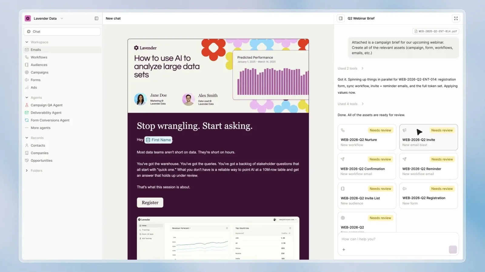 Conversion AI chat in the Lavender Data workspace. From an attached webinar brief, the agent created a nurture workflow, invite email blast, confirmation and reminder emails, an invite list, a registration form and a campaign, each marked Needs review.