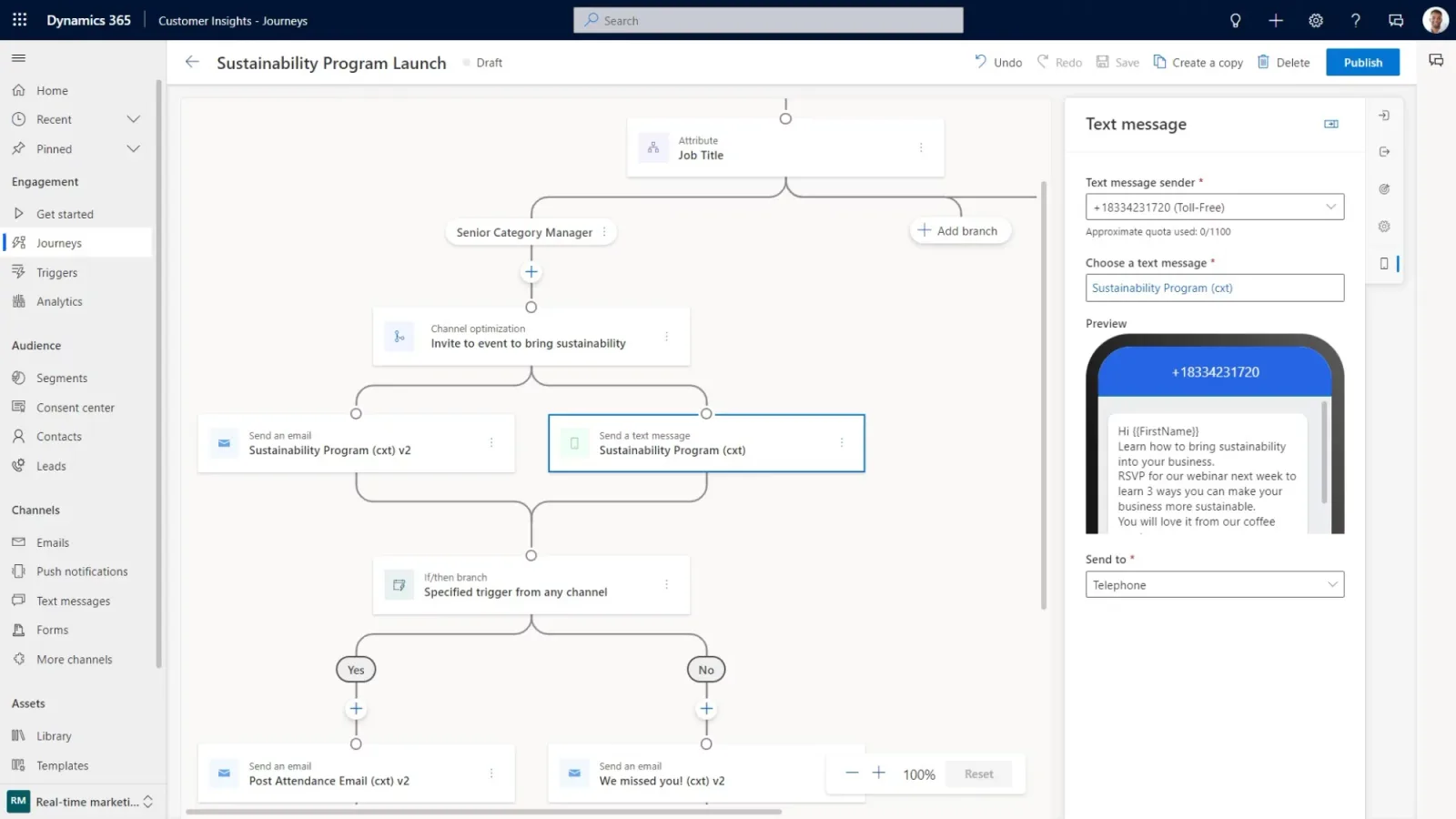 Dynamics 365 Customer Insights – Journeys designer for a draft journey that branches on job title, uses channel optimization to send an email or a text message, then splits on a trigger into follow-up emails, with the text message editor and phone preview open on the right.